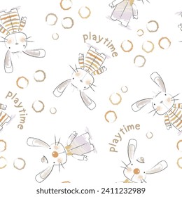 Easter colorful seamless pattern design with bunnies. Light baby print for child fabric or gift paper. Colorful circles background. Grunge circles pattern