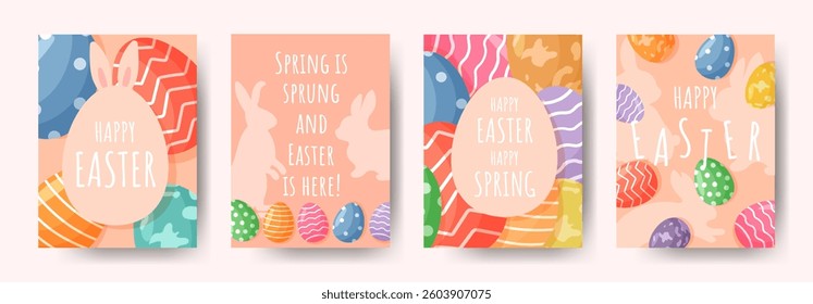 Easter colorful set of cards. Easter eggs, bunnies and congrats on Easter and spring. Cute rabbits and playful eggs. Set of bright posters and backgrounds for holiday