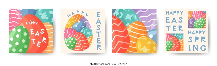 Easter colorful set of cards. Playful Easter eggs and congratulations on Easter and spring. Set of bright posters and backgrounds for the holiday. Modern design