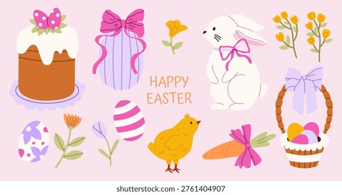 Easter colorful set. Spring festive illustrations. Rabbit, chic, Easter eggs, bows, basket, flowers. Flat vector elements isolated.