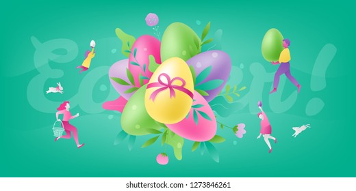 Easter colorful vector composition of painted eggs and flowers surrounded by tiny people characters: parents and kids. Easter season greetings concept.