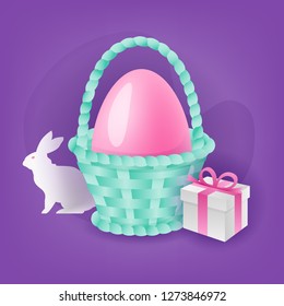 Easter colorful vector composition of painted egg in wicker basket, gift box and white rabbit. Easter season greetings concept.