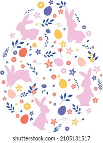 Easter - colorful vector drawing in egg shape with bunnies, eggs and flowers