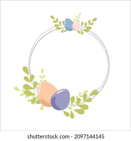Easter. Colorful wreath with colored Easter eggs, branches and the inscription Happy Easter.