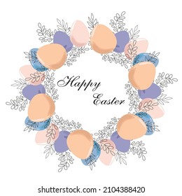 Pascua. Una corona colorida con huevos de Pascua de colores, ramas y la inscripción Feliz Pascua.