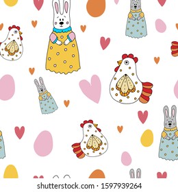 Easter colorfull pattern with bunnies, chickens, hearts and eggs. Pastel colors, endless texture.