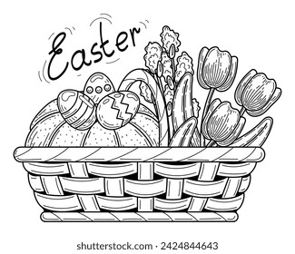 Easter coloring book basket with cupcake eggs and flowers sketch. Hand drawn vector illustration.