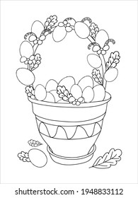 Libro de colorido de Pascua. Cesta con huevos y flores. Ilustración del vector de contorno.