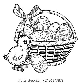 Libro de colorear de Pascua huevos de cesta y pequeño boceto de patito. Dibujado a mano ilustración vectorial.
