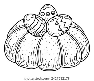 Easter coloring book bundt cake with eggs sketch. Hand drawn vector illustration.