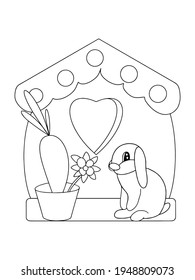 Libro de colorido de Pascua. Conejo de Pascua en la casa. Ilustración del vector de contorno.
