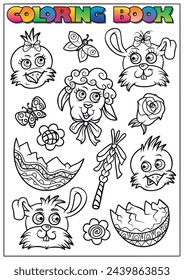 Easter coloring book for children - animal heads and egg shell - bunny, chick, lamb.