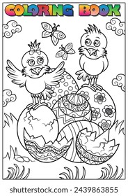Easter coloring book for children - chicks hatching from an egg.