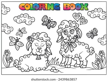 Easter coloring book for children - little lambs are grazing in the meadows.