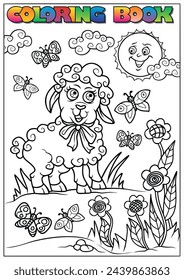 Easter coloring book for children - little lambs are grazing in the meadows.