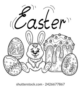 Easter coloring book cupcake, eggs, bunny sketch. Hand drawn vector illustration.