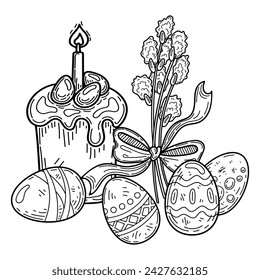 Easter coloring book cupcake, eggs, willow sketch. Hand drawn vector illustration.