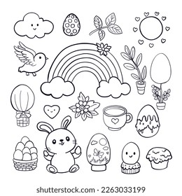 Página del libro de colorear de Pascua - lindo conejito de dibujos animados, arco iris, huevos, otros elementos de diseño de pascua. Vector de contorno simple monocromo negro y blanco conjunto en estilo retro infantil