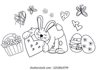 Easter coloring book page design with cute rabbit or bunny, eggs and flowers, hand drawn line vector illustration isolated on white background. Children's coloring book.