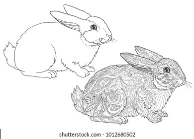 Easter coloring book page with rabbits.