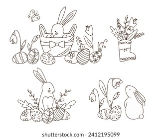 Easter coloring book pages collection with bunny, eggs and flowers line doodle drawings. Black and white outline vector illustrations set.