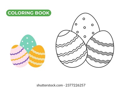 Easter Coloring Book. Vector illustration. Black and white linear drawing of Easter eggs with festive decorations. Holiday objects set.