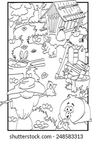 Easter coloring with farm animals and many eggs