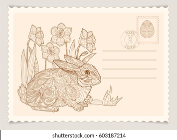 Easter coloring greeting card with rabbit and spring flowers.