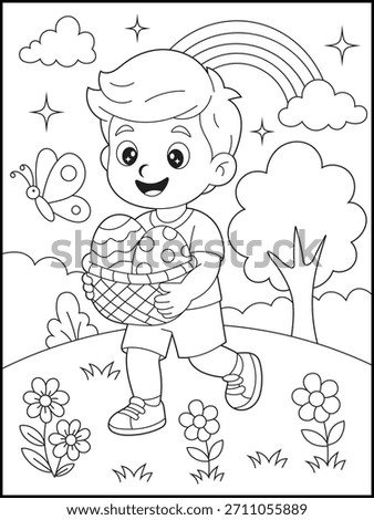 Easter Coloring Page with Boy and Basket of Eggs. Cute Spring Flowers and Rainbow Printable. Kawaii Kids Activity Sheet for Preschool and Kindergarten