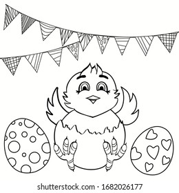 easter coloring page with chick hatched from an egg and garland of flags