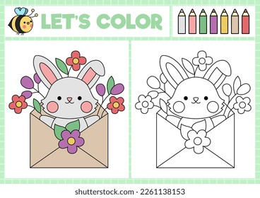 Página de coloreado de Pascua para niños con lindo conejito kawaii en sobre con flores. Ilustración de vacaciones de primavera vectorial. Libro de colores para niños con ejemplo de color. Hoja de cálculo de habilidades de dibujo imprimible