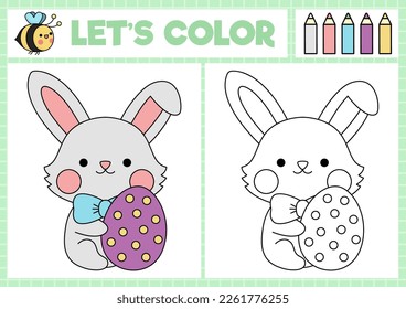 Easter coloring page for children with cute kawaii bunny holding egg. Vector spring holiday outline illustration. Color book for kids with colored example. Drawing skills printable worksheet
