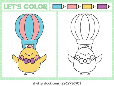 Easter coloring page for children with cute kawaii chick flying on hot air balloon. Vector spring holiday  illustration. Color book for kids with colored example. Drawing skills printable worksheet