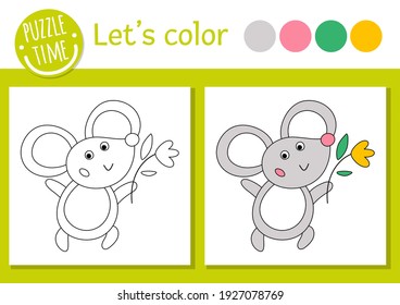 Easter coloring page for children. Funny mouse with flower. Vector holiday outline illustration with cute traditional animal. Adorable spring color book for kids with colored example
