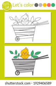 Easter coloring page for children. Funny farm bird sitting on a wheelbarrow. Vector holiday outline illustration with cute chicken. Adorable spring color book for kids with colored example

