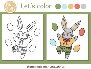 Easter coloring page for children. Funny bunny with colored eggs. Vector holiday outline illustration with cute traditional animal. Adorable spring color book for kids with colored example
