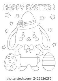 Página de coloreado de Pascua con un lindo conejito y huevos de Pascua para niños de preescolar y kindergarten. Juego educativo para niños	
