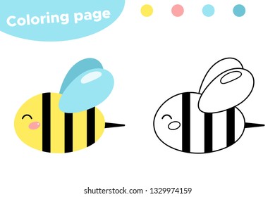 Easter coloring page, cute cartoon kawaii bee. Educational game for preschool kids. Vector illustration.