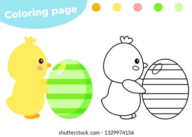 Easter coloring page, cute kawaii chick with colored egg. Educational game for preschool kids. Vector illustration.
