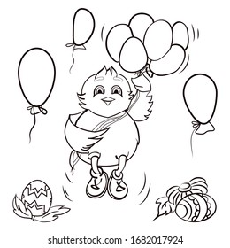 easter coloring page with a cute little chick and ballons and eggs 