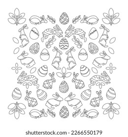 Easter coloring page with eggs and bunnies. Standing, jumping, sitting rabbits and floral elements. Symmetrical geometric pattern. Vector illustration