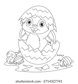 Dibujo para colorear de Pascua con un conejo lindo con huevos decorativos en línea blanca y negra limpia, perfecto para niños y adultos, esta página para colorear imprimible es ideal para actividades de Pascua, colorear 