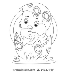 Dibujo para colorear de Pascua con un conejo lindo con huevos decorativos en línea blanca y negra limpia, perfecto para niños y adultos, esta página para colorear imprimible es ideal para actividades de Pascua, colorear 