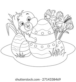 Dibujo para colorear de Pascua con un conejo lindo con huevos decorativos en línea blanca y negra limpia, perfecto para niños y adultos, esta página para colorear imprimible es ideal para actividades de Pascua, colorear 