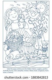 Easter Coloring page with game finding hidden objects. Little boy and girl, bunny at the banquet table. Puzzle for kids. Game for family celebration, school, party. Hand drawn vector.