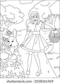 Easter coloring page girl with bunny egg hunting vector