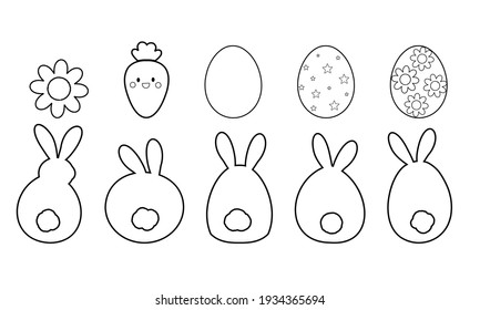 Página de coloreado de Pascua para niños, conejo de Pascua, huevos de Pascua, zanahoria y flor de margarita.