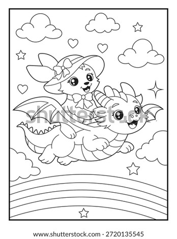 Easter Coloring page for kids. Adorable fantasy dragon friends kids coloring book illustration. Adorable fantasy character illustration perfect for children’s coloring pages and creative learning projects.
