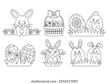 Easter coloring page for kids, painting activity. Easter elements bunny, eggs, chicken in simple doodle style.