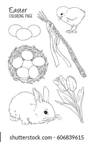 Easter coloring page for kids with vector hand drawn illustrations - bunny, chicken, whip, eggs and tulips